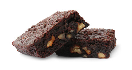 Delicious brownies with nuts on white background