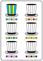 Instructional coloring pages, educational games for children, preschool activity worksheets. Simple cartoon vector illustration of colorful objects to learn colors. Coloring striated hat.