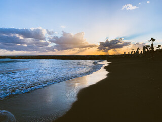 Sunset seascape, sandy beach, coastline 