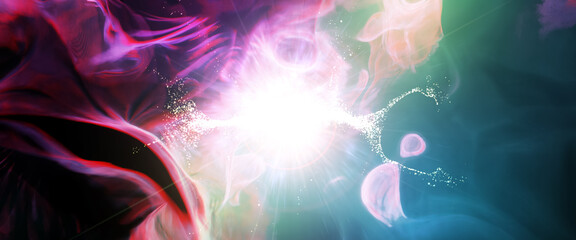 Nebula Interstellar clouds Panoramic View. Bright Star Shining. Abstract Digital Artwork. Space Background Panorama