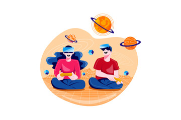 Teenager having fun play VR virtual reality glasses sports game metaverse