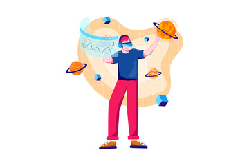 Man with VR headset touching a holographic screen