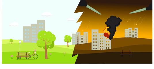 The bombing of an apartment building. The residential area before and after the war. Vector illustration. Banner