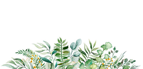 Border with green and golden watercolor botanical leaves illustration