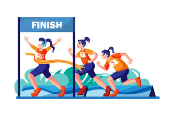 Girl winning the running race by wearing VR headset