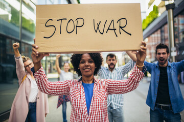 Anti-war protest. Demonstrators call for peace. Protest manifestation against attack or war.