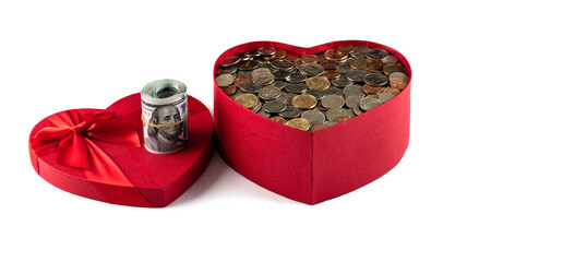 Gift box in the form of a human heart and american money on a white background