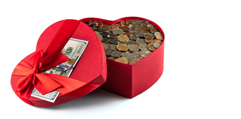 Gift box in the form of a human heart and american money on a white background