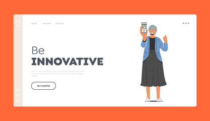 Be Innovative Landing Page Template. Senior Woman Show Qr Code. Elderly Female with Device Showing Certificate on Phone