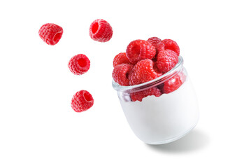 Greek yogurt with raspberry in a glass on a white isolated background