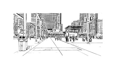 Building view with landmark of Mississauga is the 
city in Canada. Hand drawn sketch illustration in vector.