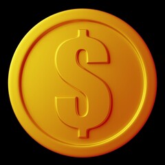 Gold Coin 3D Icon Isolated. American Dollar Coin. Golden Money with Dollar Sign. Growth, Income, Savings, Investment. Symbol of Wealth. Business Success. Realistic Illustration