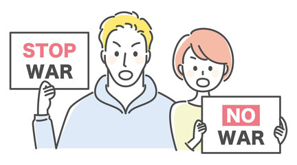 people with cards saying no war