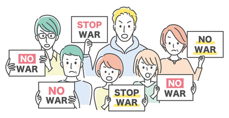 people with cards saying no war