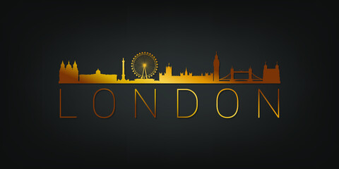 London Gold Skyline City Silhouette Vector. Golden Design Luxury Style Icon Symbols. Travel and Tourism Famous Buildings.