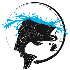 Fish and fishing rod symbol. Blue wave and fish. Symbol for sport fishing and hobby © john1179