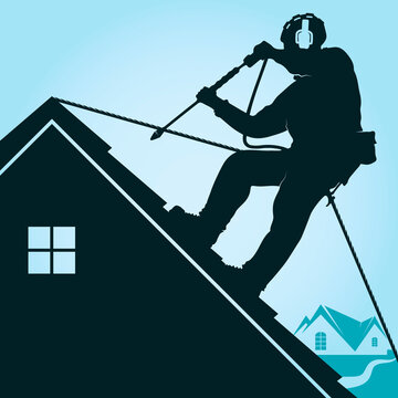 Worker washerman with roof insurance. Washer worker washes the roof silhouette