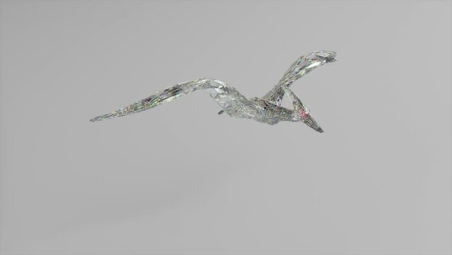 Diamond pterodactyl flying. The concept of nature and animals. Low poly. White color. 3d animation of seamless loop