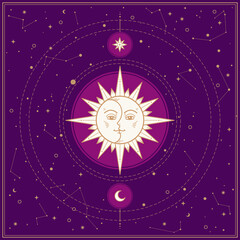 Gold atrology sun moon star tarot boho style vector illustration