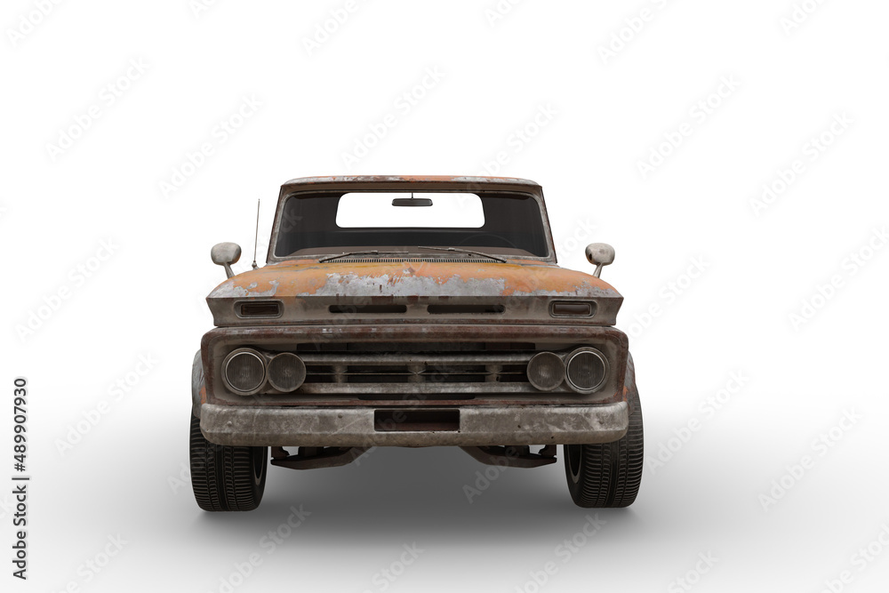 Poster front view of rusty retro style orange pickup truck. 3d illustration isolated on white background.