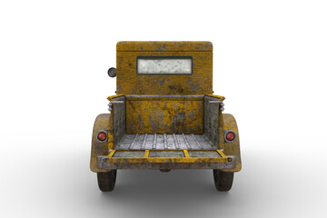 Back view of rusty old yellow vintage farm pickup truck with peeling paintwork. 3D rendering isolated on white background. © IG Digital Arts
