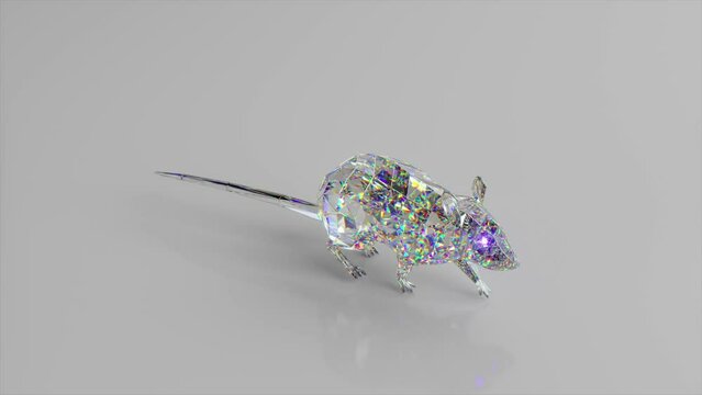Walking diamond rat. The concept of nature and animals. Low poly. White color. 3d animation of seamless loop