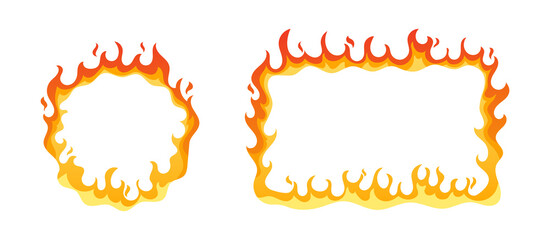 Square and Round Frames with Fire Flames, Cartoon Burning Gas Borders with Sparks Isolated Design Elements. Circus Ring