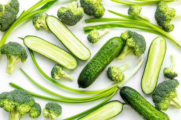 Pattern of green vegetables with broccoli and cucumber. Food background