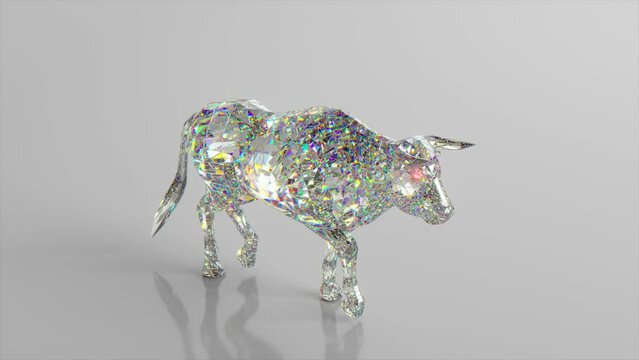 Walking diamond bull. The concept of nature and animals. Low poly. White color. 3d animation of seamless loop