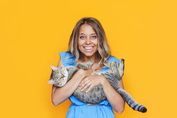 A young caucasian pretty cute blonde woman in a blue dress holds a cat in her hands like a baby isolated on a bright color yellow background. The girl babying with a kitten. Fiendship of pet and owner