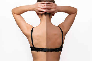 Portrait of a young caucasian woman standing with her back before and after tanning isolated on a...