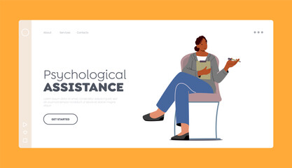 Psychological Assistance Landing Page Template. Psychiatrist, Female Psychologist Couch Sit in Armchair with Clipboard
