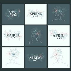 Fototapeta na wymiar 9 ready-made spring cards. Hello Spring, Hello March, Hello May, Hello April. Vector text. Spring months handwritten. Templates for advertising, greeting cards.