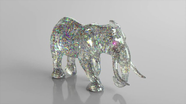 Walking diamond elephant. The concept of nature and animals. Low poly. White color. 3d animation of seamless loop