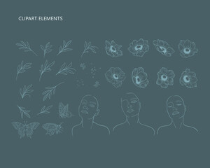 A set of modern vector elements. Flowers, women's faces, butterflies. Vector illustrations