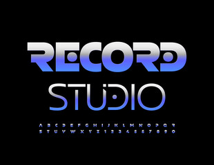 Vector modern sign Record Studio. Techno style Font. Gradient metallic Alphabet Letters and Numbers set