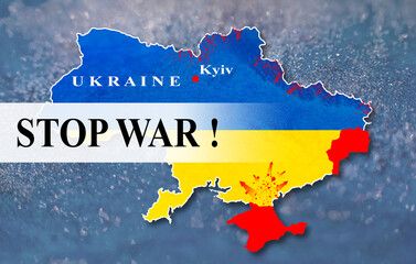 Obraz premium Stop war. Ukraine conflict map. National territory invasion. Black on white caption on blue yellow flag color land border with red battle zone on blur grain background.