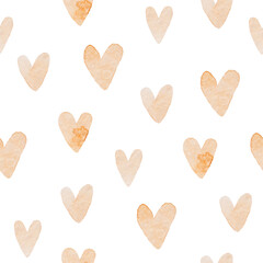 Seamless watercolor pattern with hearts. Heart doodles. Watercolor splashes