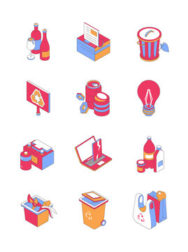 Types of recycling - modern isometric vector icon set