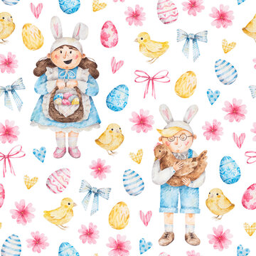 Easter watercolor pattern. Hand drawn texture with boy and girl in costumes of Easter rabbits. Spring pattern with eggs, hearts, chickens, flowers for decoration or wrapping paper