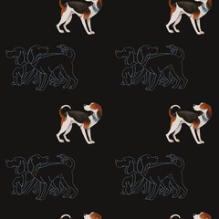 Seamless pattern with a flock of hunting hounds on a black background. - 489912795