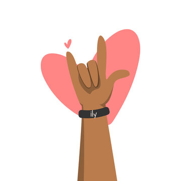 Inclusive Raised Heart Hand with I Love You Bracelet  Vector Valentine&rsquo;s day card design. Pink heart and hand gesture isolated on the white background.