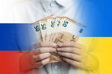 International political relationship between Ukraine and Russia. Businesswoman hands with euro money. Currency exhange. Economic crisis.