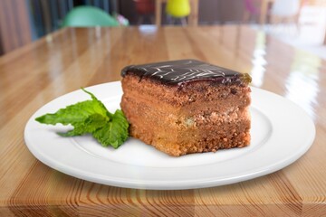 Tasty cake chocolate slice on a plate