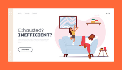 Exhausted Inefficient Landing Page Template. Hyperactive Child Jumping while Tired Mom Sleeping. Sleepy Parent at Home