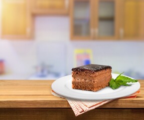 Tasty cake chocolate slice on a plate