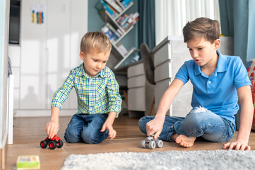 Two siblings playing with model cars indoors