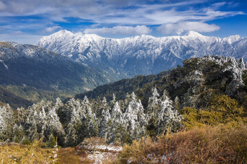 Fototapeta premium Asia - Beautiful landscape of highest mountains reflect fantasy dramatic sunset sky in winter at Taroko National Park, Hehuan Mountain, Taiwan 
