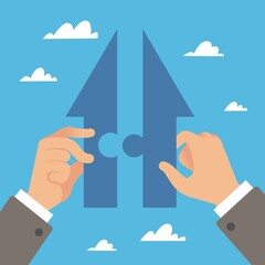 Cooperation in right direction. Hands connect puzzle in arrow form, people collaboration and business partnership, teamwork in company, successful community. Vector isolated concept