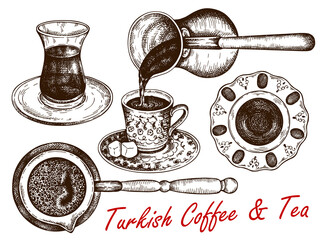 Sketch drawing set of Turkish tea and coffee in glass cup isolated on white background. Engraved drawing traditional Turkish hot drink, turk cup of coffee, turkish delight. Vintage vector illustration - obrazy, fototapety, plakaty